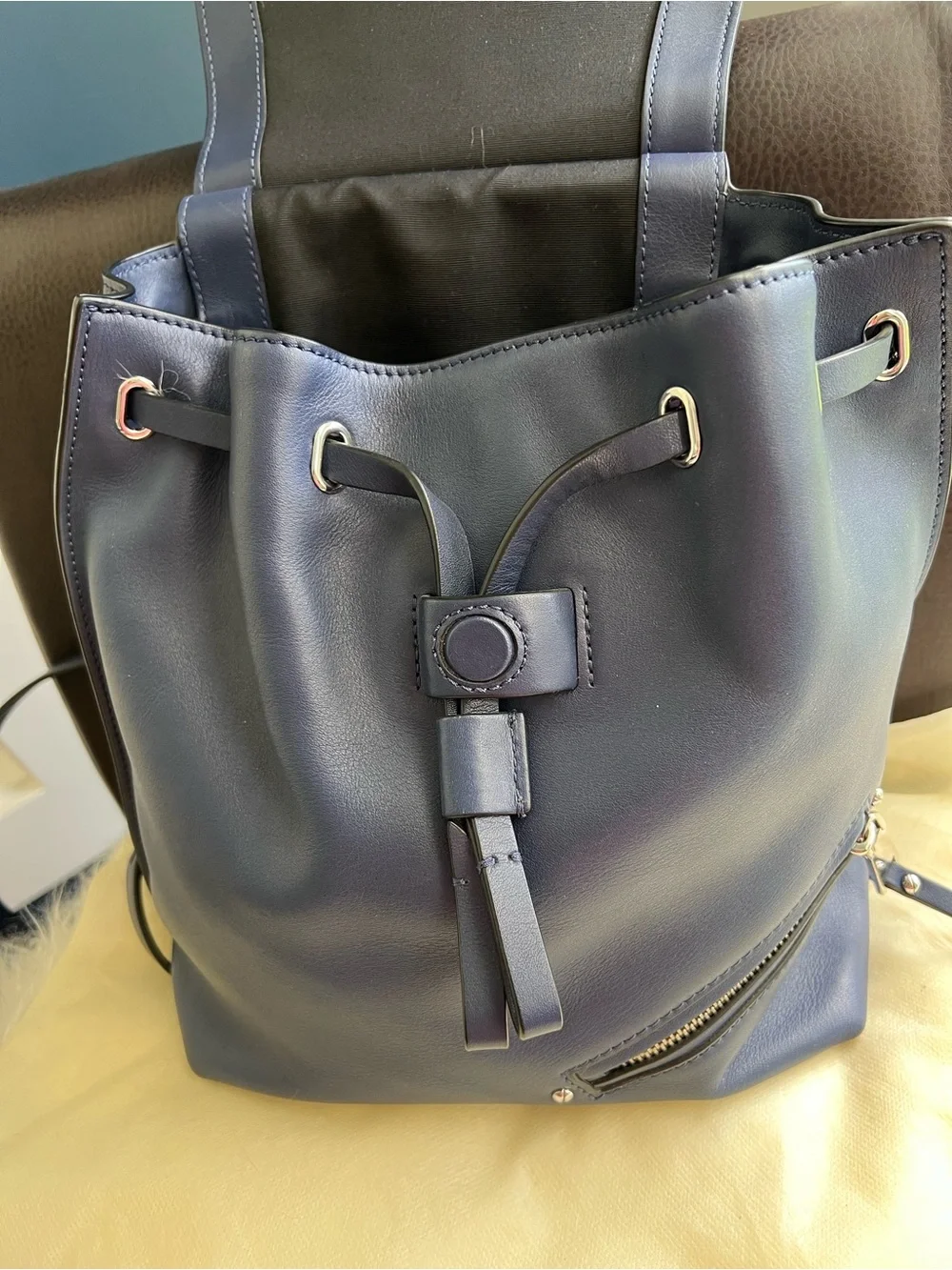 Marc Jacobs Navy Leather Drawstring Backpack with Zipper Details